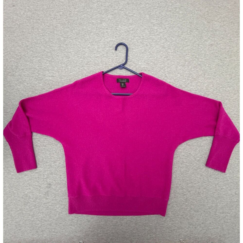Tahari 100% 2-Ply Cashmere Womens Medium Magenta Pink Crewneck Dolman Sweater